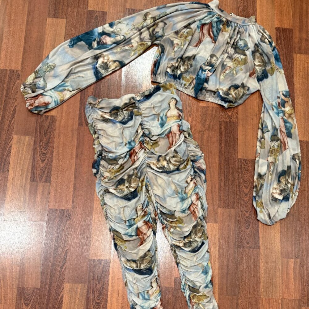 Ruched crop top and leggings set with a Renaissance-style cherub print.